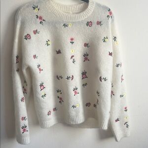 Sezane White Floral Embroidered Sweater